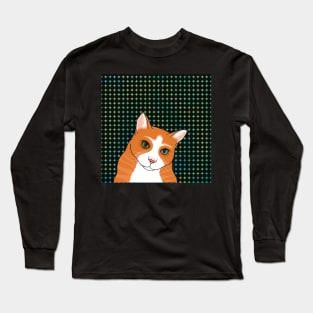 The Cute Ginger cat is watching you from an abstract pattern background Long Sleeve T-Shirt